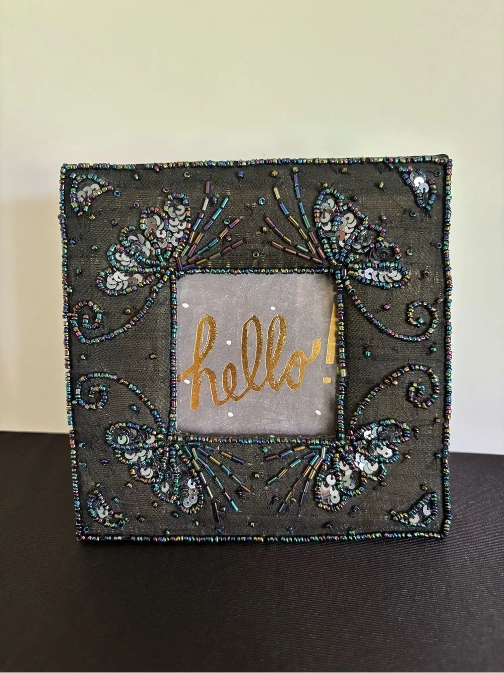 Black Fabric Tabletop Photo Frame w/Beads & Sequins